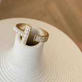 Daiiibabyyy Korean Simple Zircon Pearl Paved Open Rings For Women Personality Jewelry Ring