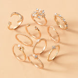 10 Pcs Bohemia Crystal Heart Flower Moon Star Opening Rings Set for Women Girls Fashion Geometric Twist Gold Pearl Ring Jewelry daiiibabyyy