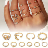 Daiiibabyyy Bohemian Retro Gold Crystal Geometric Joint Ring Set for Women Star Moon Heart Shape Simple Design Rings Set Party Jewelry Gift