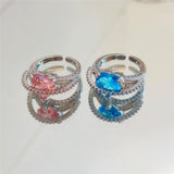 Daiiibabyyy Fashion Pink Blue Zircon Crystal Criss Heart Open Rings For Women 2023 New Jewelry Adjustable Ring