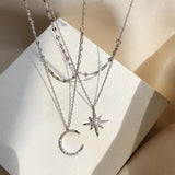 s925 sterling Silver Star Moon Double Necklace Women Clavicle Chain Shiny Diamond  Fashion Jewely Accessories daiiibabyyy