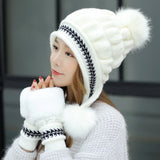 Women's Winter Hats With gloves Fur Hats Pom Poms Ball Beanie Caps Knitting Thick Skullies Female Cap Gorros with Gloves daiiibabyyy