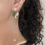 NewKorean Fashion Green Natural Stone Stitching Pearl Tassel Chain Asymmetric Earrings For Women Girls Personality Party Jewelry daiiibabyyy