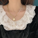 Japanese and Korean geometric metal hollow-out temperament pearl necklace, double simple ladies clavicle chain jewelry daiiibabyyy