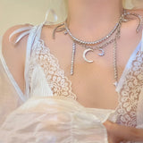 MENGJIQIAO Luxury Elegant Double Layers Rhonestone Necklaces For Women Fashion Moon Star Tassel Pendant Choker Party Jewelry daiiibabyyy