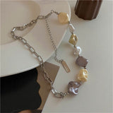 French ins Style French Baroque Shaped Handmade Pearl Shell Titanium Steel Chain Stitching Men and Women Cool Design Necklace daiiibabyyy