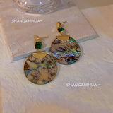 SHANGZHIHUA Retro Long Tassel Metal Square Green Glass Large Round Shells Earrings For Women Personality Drop Earrings Jewelry