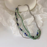 Sweet Cool Girl Multi Layers Choker Necklace Fashionable Green Stone Round Bead Chain Clavicle Jewelry Vintage Neck Accessories daiiibabyyy