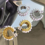 HUANZHI 2022 Vintage Golden Cooper Metal Pearl C-shaped Hoop Earrings Irregular Geometry for Women Girls Travel Party Jewelry daiiibabyyy