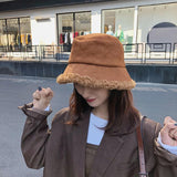 Winter Women Bucket Hat Wool Fleece Fisherman Caps  Suede Artificial Fur Thick Warm Plush Female Cap Sunscreen Panama Cap