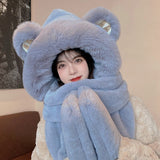 Women Winter Fashion Thickening Warm Plush Scarf Natural Rabbit Fur Bear Ears Hat Outdoor Skiing Integrated Hooded Scarf daiiibabyyy