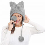 2022  New Hot Sale Cat Ears Women Hat Knitted Acrylic Warm Winter Beanie Caps Crochet Fur Women's Birthday Gifts Winter Gift daiiibabyyy