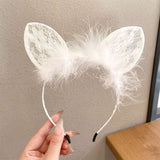 New Sexy White Black Head Bezel Hairy Feather Lace Cat Ears Cute Hair Band Solid Color Headdress Girls Women Hair Accessories daiiibabyyy