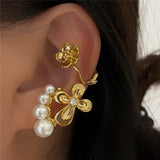 HUANZHI 2022 Gold Metal Pearl Flower Ear Cuff Earrings without Piercing Geometric Cartilage Earrings for Women Girl Jewelry