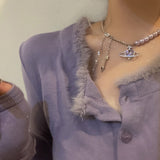 MENGJIQIAO New Trend Elegant Pearl Purple Beads Choker Necklace For Women Girls Fashion Heart Space Crystal Party Jewelry Gifts daiiibabyyy