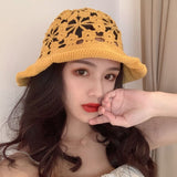 Daiiibabyyy Hollow Hook Flower Spring and Autumn  Fisherman Hat Female Korean Version of the Wild Sunscreen Ultraviolet Sun Hat Cover Face