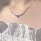 Harajuku Style Simple Silver Color Clavicle Chain Necklaces Chic Purple Crystal Heart Wing Statement Necklace For Women Jewelry
