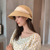 Summer New Women's Sun Hat Bucket cap Ribbon Flat top Straw Hats Beach Caps Panama Women Sun Hat Large Brim Straw Outdoor Hat daiiibabyyy