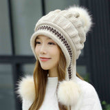Women's Winter Hats With gloves Fur Hats Pom Poms Ball Beanie Caps Knitting Thick Skullies Female Cap Gorros with Gloves daiiibabyyy