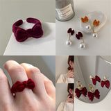 New Fashion Vintage Wine Red Plush Bowknot Ring Earring Personality Simple Autumn And Winter All-match Jewelry For Women Girls daiiibabyyy