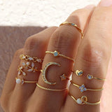 10 Pcs Bohemia Crystal Heart Flower Moon Star Opening Rings Set for Women Girls Fashion Geometric Twist Gold Pearl Ring Jewelry