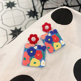 New Korean Colorful Flower Acrylic Earrings Vintage Elegant Love Heart Drop Earrings for Women Girls New Year Party Jewelry Gift