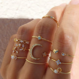 Daiiibabyyy Bohemian Retro Gold Crystal Geometric Joint Ring Set for Women Star Moon Heart Shape Simple Design Rings Set Party Jewelry Gift