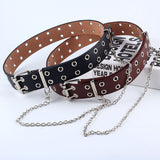 Fashion Punk Metal Eyelet Waist Belt with Chain PU Leather Women Waistband Wild Rivet Pin Buckle Belt Personality Jeans Decor daiiibabyyy