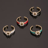 European and American Style Jewelry Copper Drop Oil Flower Ring Temperament Pearl Ring Personality Geometric Jewelry Lover Gift daiiibabyyy