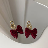 FFLACELL French Vintage Plush Fabric Red Bow Stud Earrings Personality Simple All-match Party Jewelry For Women Girls daiiibabyyy