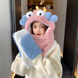 Women Stitching Color Cute Scarf 100% Wool Cold and Warm Hat  Autumn and Winter Love Scarf Winter Skiing All-in-one Hood daiiibabyyy