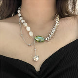 French Fashion Design Green Glazed Stone Inlaid Zircon Pendant Necklace Female Personality Punk Keel Clavicle Sweater Chain daiiibabyyy
