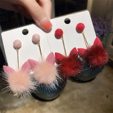Korean Fashion Cute Cat Ear Pompom Ball Dangle Earrings for women New Trendy Mink Fluffy Ball Long Charm Drop Earrings Jewelry daiiibabyyy