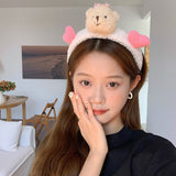 Hair Hoop Headbands 1PCS Female Solid Color Plush Scrunchies Female Korean Headdress Rabbit Bear Cartoon Face Wash Hairbands daiiibabyyy