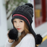 Women's Winter Hats With gloves Fur Hats Pom Poms Ball Beanie Caps Knitting Thick Skullies Female Cap Gorros with Gloves daiiibabyyy
