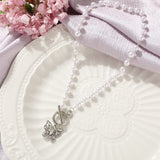 Fashion Butterfly Crystal Pearl Pendant Necklace Personality Clavicle Pearl Chain Necklace Trend Butterfly Collar Jewelry daiiibabyyy