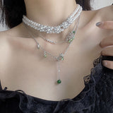 New Luxury Double-layer Pearl Inlaid Zircon Stitching Necklace Hip-Hop Stacked Gemstone Clavicle Chain Jewelry For Women Girls daiiibabyyy