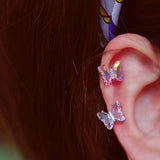 Daiiibabyyy 1Pcs Gradient Crystal Butterfly Stud Earrings For Girl Titanium steel Helix Screw Piercing Ear Bone Nails Tragus Earring Jewelry