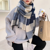 Keep Warm Lovers Fashion Padded Scarves Women Winter Luxury Scarf Women Winter Blue Plaid Cashmere Shawl 70*200CM daiiibabyyy