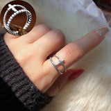 Trend Silver Color Alloy Rhinestone Cross Ring Geometric Heart Adjustable Open Rings For Women Fashion Jewelry Gift Dropshipping daiiibabyyy