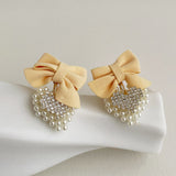 2022 Korean Fashion Chic Imitation Pearl Crystal Heart Statement Drop Earrings For Women Simple Cloth Bow Dangle Earring Jewelry daiiibabyyy