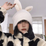 Winter Warm Korean Version of Japanese Hat Draping Rabbit Ears Rabbit Fur Hat Women Autumn and Winter Knitted Wool Hat daiiibabyyy