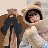 Cute Bear Ear Hat Scarf Gloves Set Winter Women Novelty Caps Warm Casual Plush Hats Casual Solid Fleece Girl Kawaii Accessories daiiibabyyy