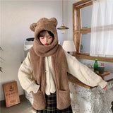 Cute Bear Ear Hat Scarf Gloves Set Winter Women Novelty Caps Warm Casual Plush Hats Casual Solid Fleece Girl Kawaii Accessories daiiibabyyy