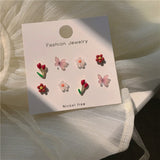 MENGJIQIAO Wholesale Korean Cute Colorful Flower Butterfly Stud Earrings For Women Girls Sweet Weekly Daliy Oorbellen Jewelry daiiibabyyy