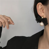 2022 Vintage Black Bowknot Korean Dangle Earrings Fashion Chic Imitation Pearl Round Ball Drop Earrings Party Jewelry For Women daiiibabyyy