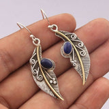 Trendy Retro Silver and Gold Color Carved Pattern Leaves Drop Earrings for Women Creativity Inlaid Purple Stone Party Jewelry daiiibabyyy