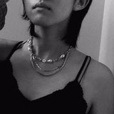 FFLACELL Punk Hip Hop French Multilayer Metal Chain Necklace Pearl Clavicle Chain Silver Color Rose Pendant for Women daiiibabyyy