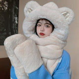 Women Winter Fashion Thickening Warm Plush Scarf Natural Rabbit Fur Bear Ears Hat Outdoor Skiing Integrated Hooded Scarf daiiibabyyy