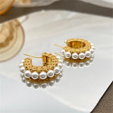 HUANZHI 2022 Vintage Golden Cooper Metal Pearl C-shaped Hoop Earrings Irregular Geometry for Women Girls Travel Party Jewelry daiiibabyyy